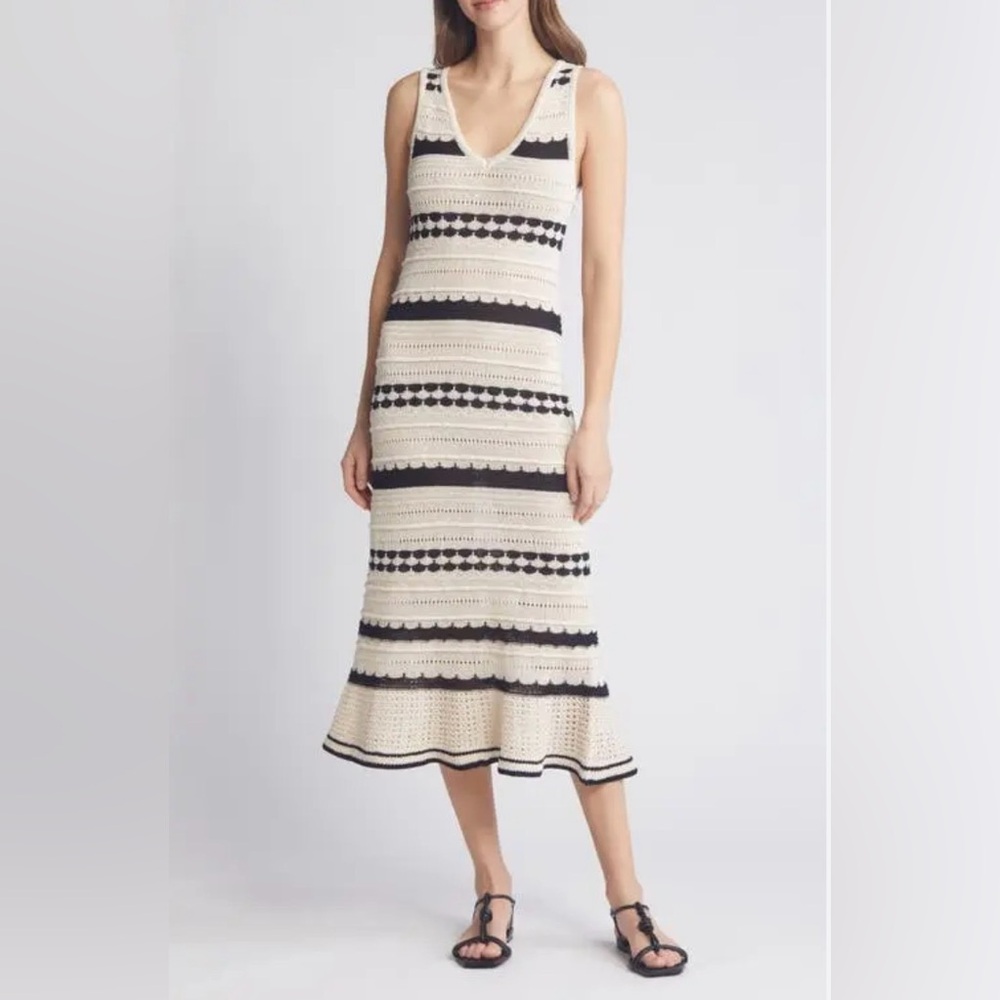 Zoe and Claire Chic Black and Cream Striped Crochet Midi Dress